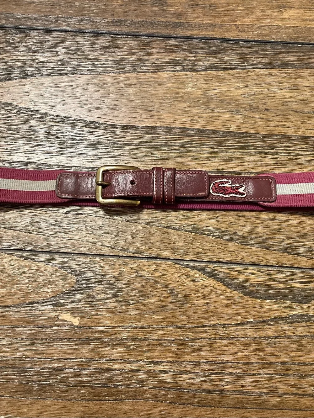 Vintage Lacoste Alligator Belt Men's Size 36/90 Brass Buckle Wine Khaki Stretch